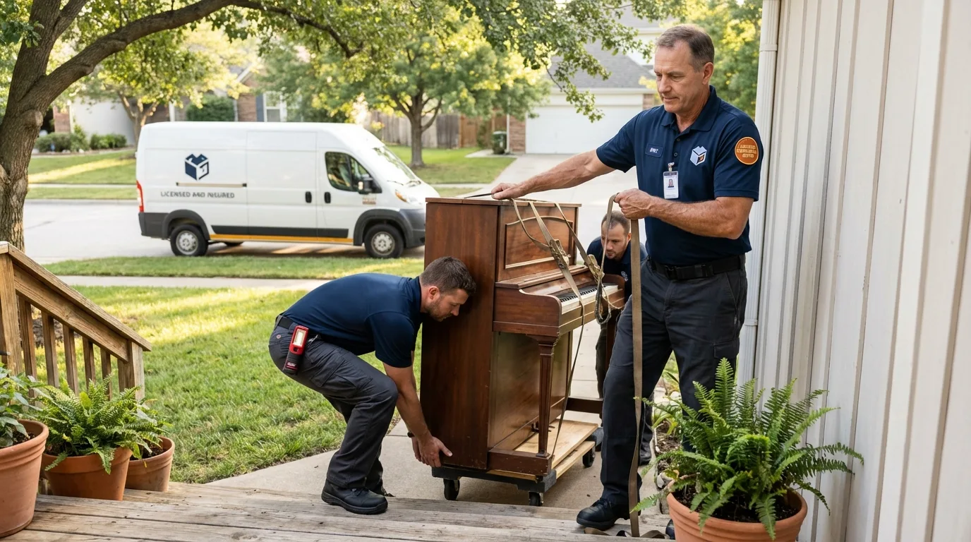 Licensed piano movers securing grand piano in Homerville, GA