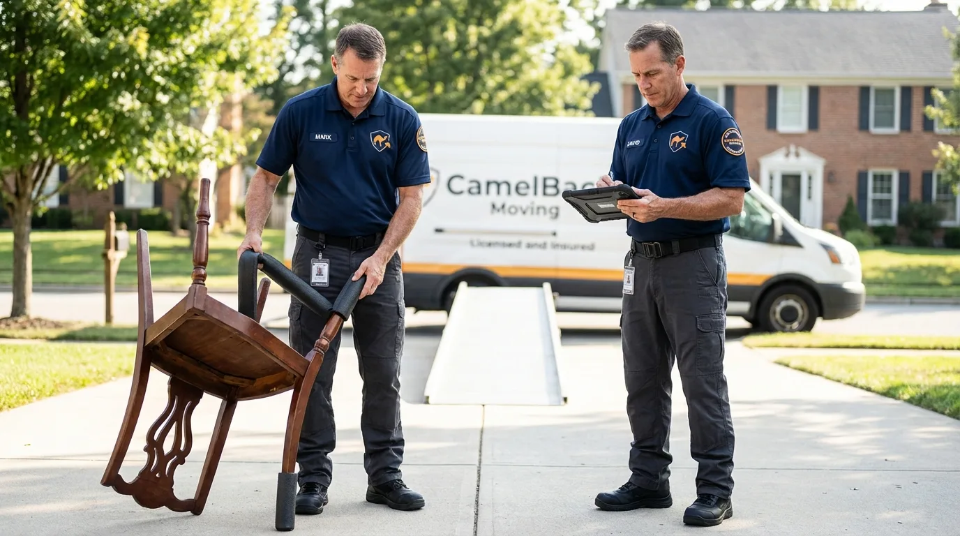 Movers inspecting furniture for damage prevention before loading in Homerville, GA